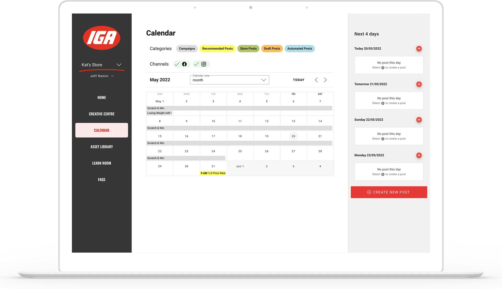 The campaign calendar, filtered by category and channel