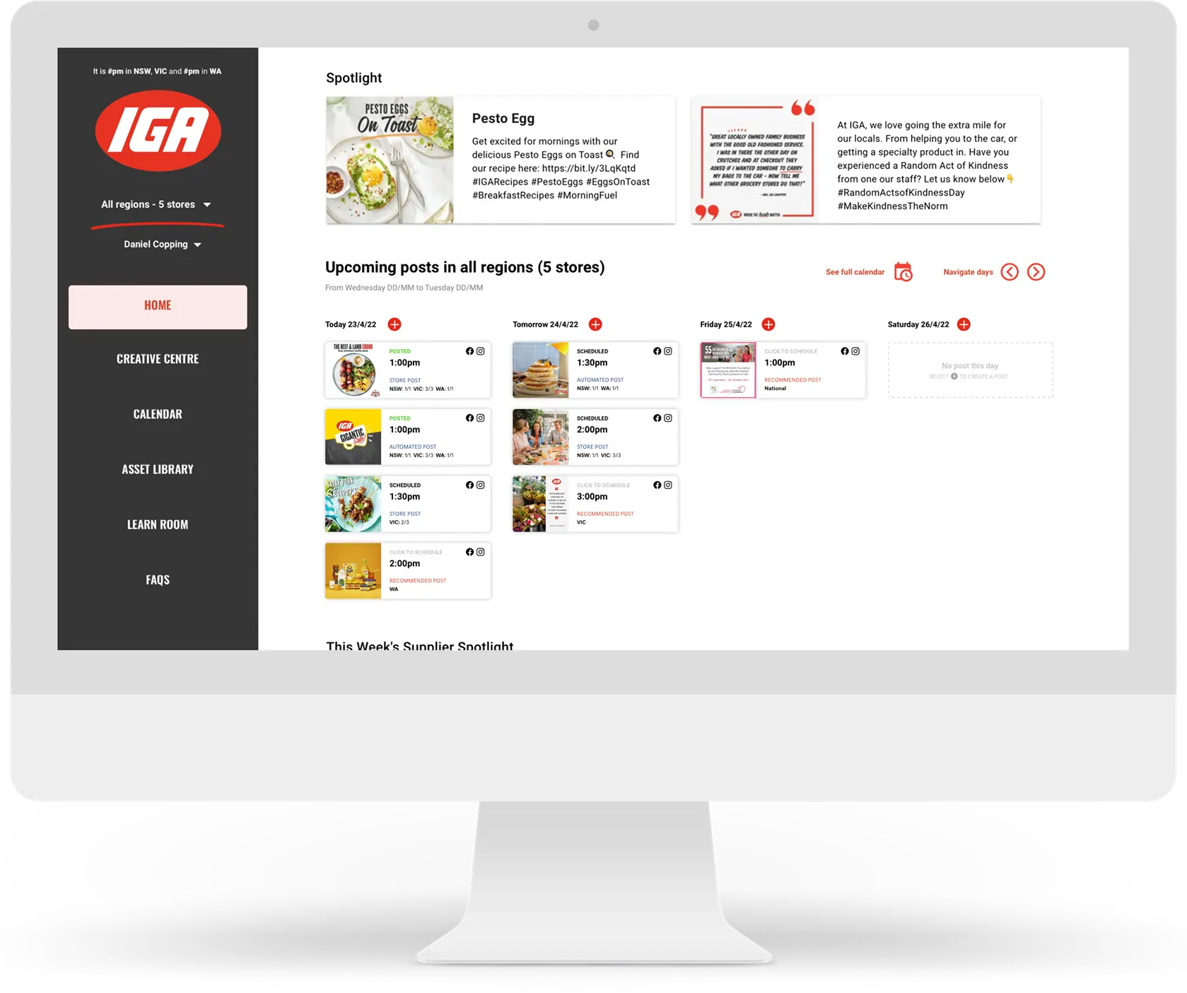 The store dashboard: spotlight content and a week of scheduled posts