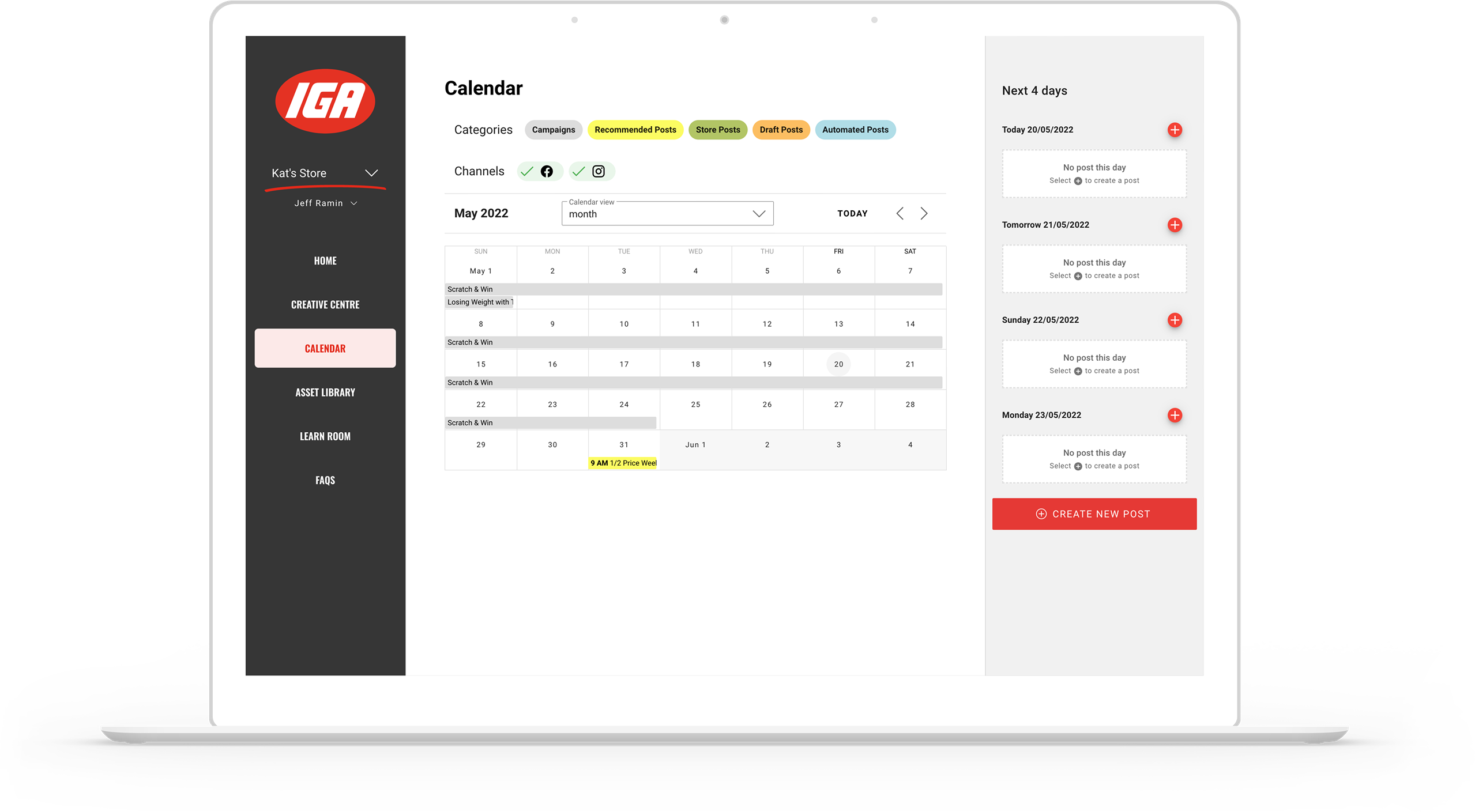 IGA marketing portal, content calendar view